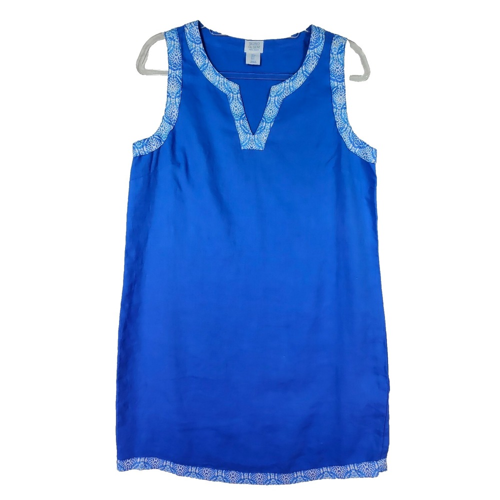 Sigrid Olsen Linen Dress‎ Womens S Royal Blue V Neck Trim Sheath Resort Vacation
